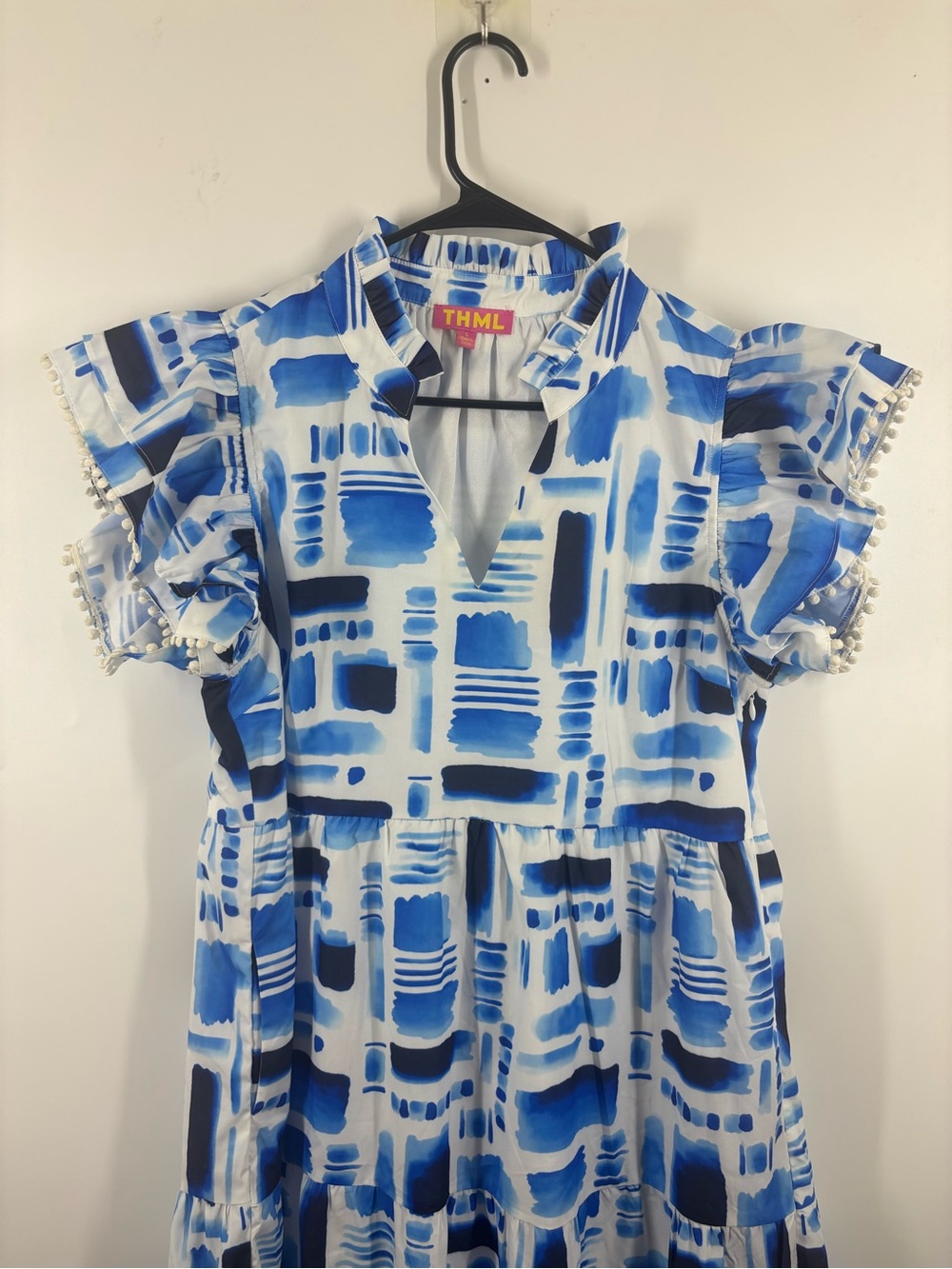THML V-Neck Abstract Watercolor Tiered Nap Dress Blue White L - Picture 2 of 6